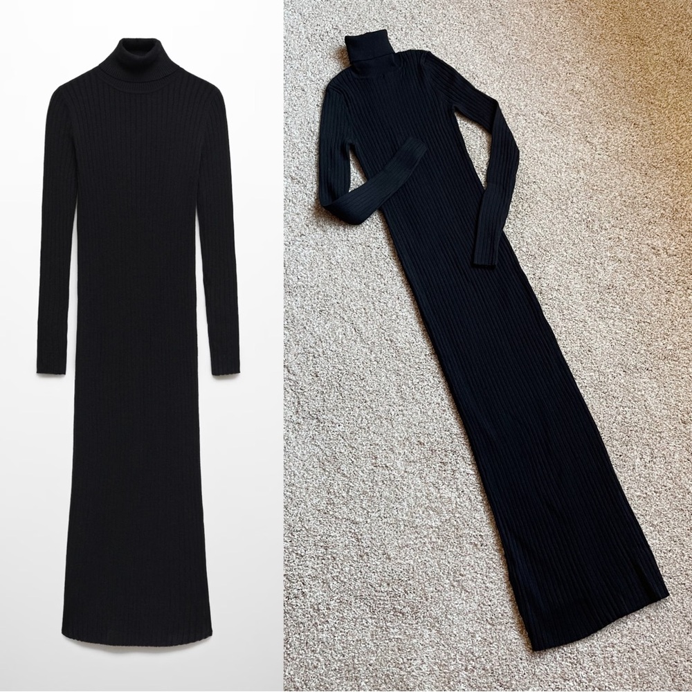 MANGO NWT Black Fine Ribbed Knit Long Sleeve Turtleneck Maxi Sweater Dress XS/ 2 - Picture 8 of 11